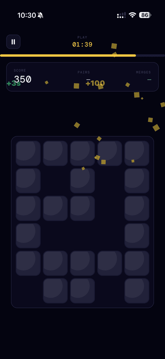 Memorix mid-game with gold confetti and a +100 score popup